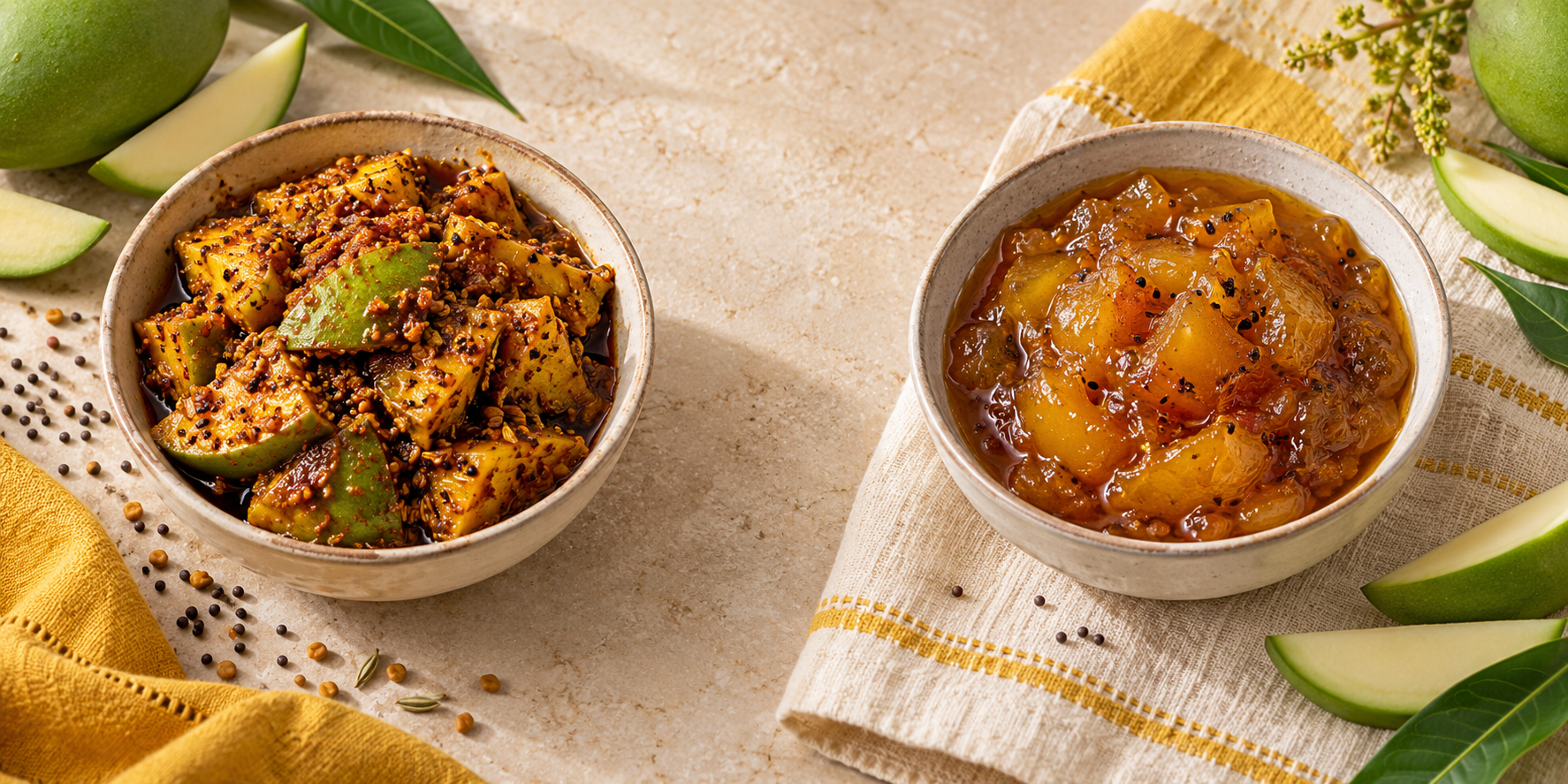 Styled mango pickle and chutney bowls on cream linen